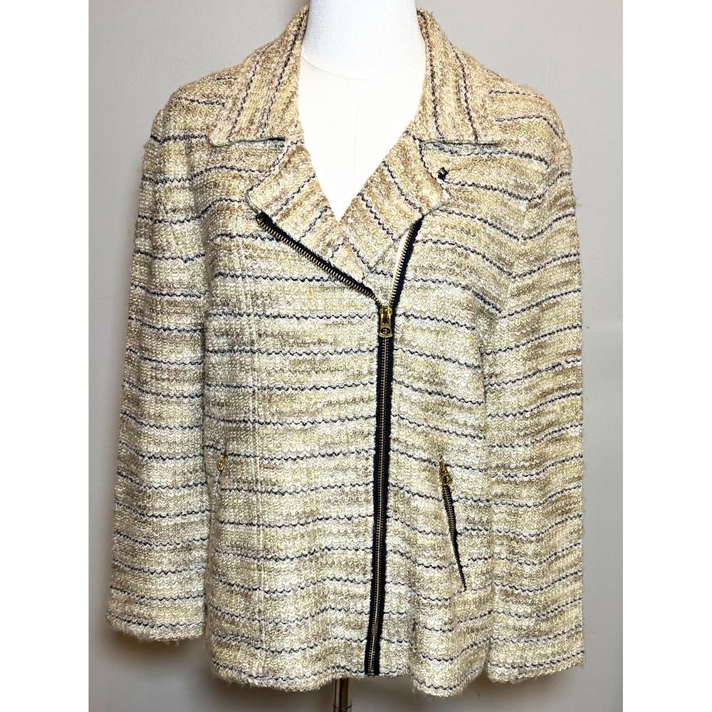 Lucky Brand Women's XL Beige/Black Striped Tweed Angled Zip Jacket Pockets